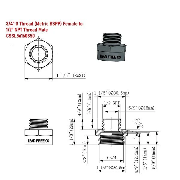 Lead-Free G Thread (British BSPP) Female to NPT Male Pipe Fitting Adapter - 1/4" - 4" - Image 7