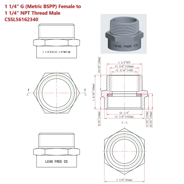 Lead-Free G Thread (British BSPP) Female to NPT Male Pipe Fitting Adapter - 1/4" - 4" - Image 8