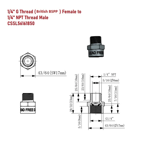 G Thread (British BSPP) Female to NPT Male Adapter - Lead Free (1/4" x 1/4") - Image 3