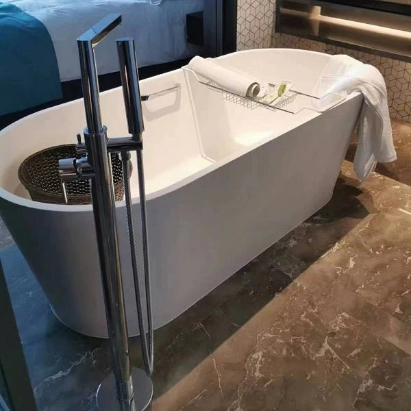 Modern Cascada Freestanding White Soaking Bathtub with Stainless Steel Drain and Overflow - Image 5
