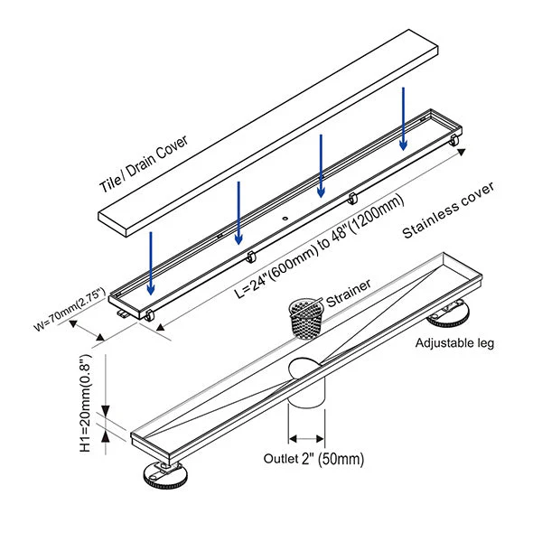 Cascada Linear Shower Drain 304 Stainless Steel Tile Insert Drain Fast Drainage - Image 11